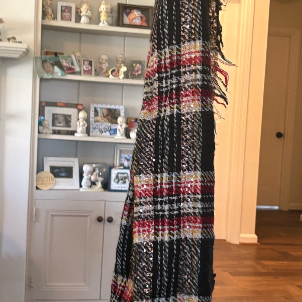 Black Plaid Fringe Scarf with Red and Cream Accents